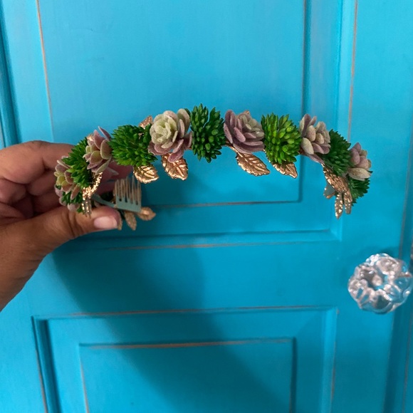Crown Headband Faux Succulent Woodland Floral Handmade Wedding Prom Tiara Gold - Picture 10 of 11